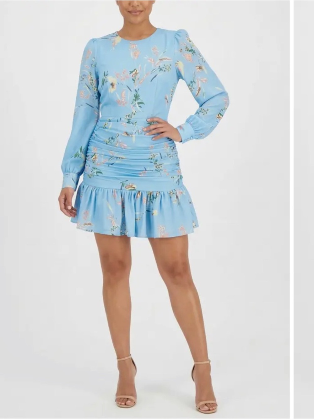 Rachael Ray Sky Blue Floral Ruched Mini Dress
